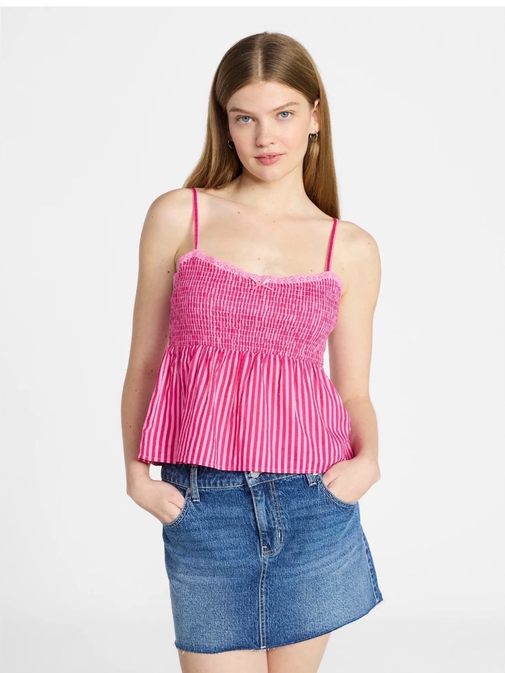 No Boundaries Pink Jubilee Cotton Smocked Baby Doll Peplum Tank Top